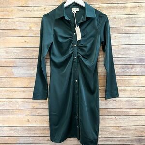 MELLODAY Dress Women’s Size Small Green Button Front Ruched Mini Shirt NWT